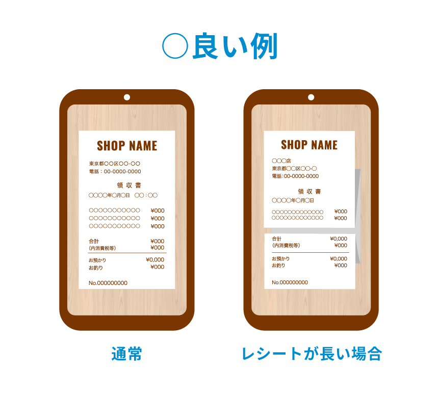 良い例:通常のレシート、レシートが長い場合の撮影例